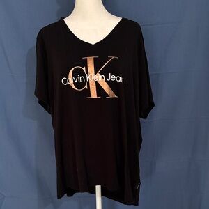 Calvin Klein Jeans Black V-Neck Tee with Metallic Rose Logo